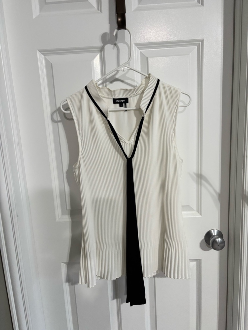 DKNY Cream Sleeveless Pleated Top with Black Tie Accent